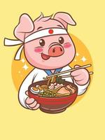 simpatico chef di maiale in possesso di un cibo giapponese ramen. personaggio dei cartoni animati e illustrazione della mascotte. vettore