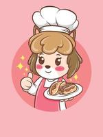 simpatico chef di cane femmina che tiene una torta. concetto di chef da forno. personaggio dei cartoni animati e logo della mascotte vettore