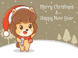simpatico personaggio dei cartoni animati cucciolo con banner di auguri di buon natale e felice anno nuovo. vettore