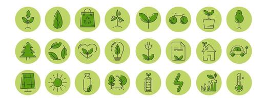 ecologia verde icona impostato con eco tecnologia, sostenibilità, riciclare, rinnovabile energia, ambientale protezione, eco amichevole trasporto, clima modificare simboli. modificabile ictus. illustrazione vettore