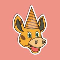adesivo faccia di animale con giraffa che indossa un cappello da festa. design del personaggio. vettore