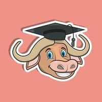 adesivo faccia di animale con bufalo che indossa un cappello da laureato. design del personaggio. vettore