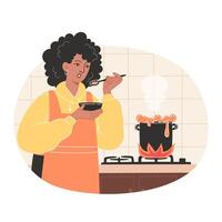 africano americano donna cucinando la minestra nel un' accogliente cucina vettore