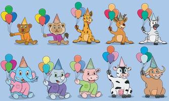 dieci personaggi di animali con palloncini pronti per la festa vettore