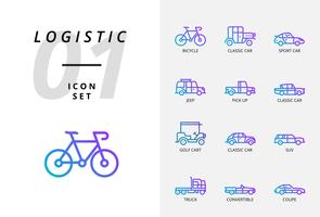 Icon pack per logistica, camion con pianale, prodotto di ricerca, consegna, aeroplano, peso, scooter, posizione, protetto, consegna, treno, nave, posizione del globo. vettore