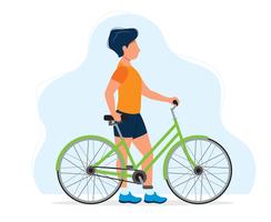 Uomo con una bicicletta, illustrazione di concetto per uno stile di vita sano, sport, ciclismo, attività all&#39;aria aperta. Illustrazione vettoriale in stile piatto