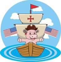 buon giorno columbus america con simpatici ippopotami e nave in mare vettore