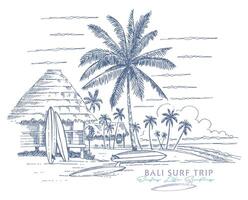 stilizzato illustrazione di tropicale paesaggio con capanna e tavole da surf. vettore