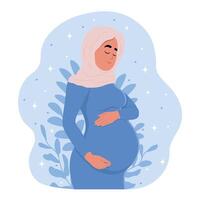bellissimo incinta musulmano donna abbracci sua gonfiarsi. salutare gravidanza striscione. il concetto di gravidanza e maternità. salutare gravidanza. vettore