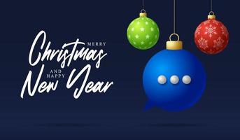 chiacchierata cartolina di Natale. buon natale parlare parlare biglietto di auguri. appendere su un filo blu chat bolla come una pallina di natale palla su sfondo nero. illustrazione vettoriale di comunicazione.