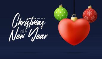 carta del cuore di amore di natale. auguri di buon natale incantevole. appendere a un filo cuore rosso come una palla di Natale e una pallina su sfondo orizzontale. illustrazione vettoriale romantico.