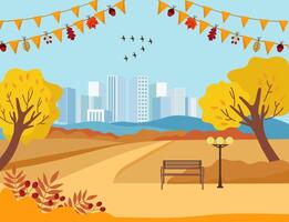 autunno festivo paesaggio striscione. autunno città parco, arancia alberi, panca, migratorio uccelli, strada, vacanza ghirlande. autunno stagione illustrazione. vettore