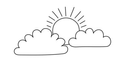uno linea sole nube arte. singolo linea schizzo soleggiato estate viaggio concetto. natura nuvoloso cielo tempo metereologico elemento, illustrazione, isolato silhouette su il bianca sfondo. vettore