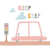 illustrazione di un' auto guida lungo il strada. disegnato a mano bambini Stampa con un' macchina. vettore