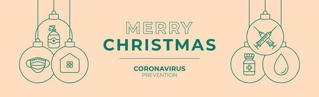 banner di palla di prevenzione del vaccino contro il coronavirus di natale. prevenzione del concetto di natale o capodanno malattia covid-19, palla piatta dei cartoni animati vettore