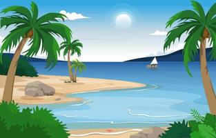 barca, spiaggia, paesaggio, vista, mare, vacanza, vacanza, tropicale, vettore, illustration vettore