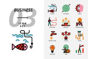 Icon pack per business e strategia, pesca, ingresso, visione, road map, crescita, idea imprenditoriale, flusso di denaro, scelta cessa, tempo di creazione, grafico. vettore