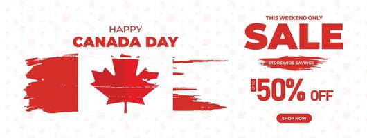 Canada giorno vendita ragnatela striscione. contento Canada indipendenza giorno mega grande vendita bandiera sfondo illustrazione. Canada giorno fine settimana promozione sconto striscione. primo di luglio vacanza speciale offrire modello vettore