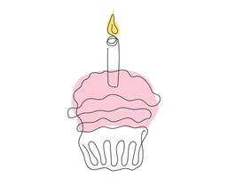 continuo uno linea disegno di compleanno Cupcake con un' singolo illuminato candela. festivo dolce. colorato isolato su bianca. design elemento per invito, Stampa, saluto, scrapbooking vettore