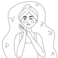 carino giovane donna con asciugamano su testa colorazione pagina vettore