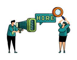 illustrazione di assumere con il parole assumere e megafono per annunciare lavoro offerte di lavoro quello in cerca di lavoro applicare per trova meglio lavoro posizione vettore