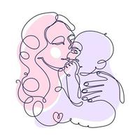 madre che tiene bambino, illustrazione di maternità felice, parto. disegno continuo a una linea. vettore