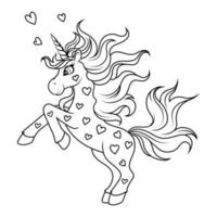 simpatico unicorno magico con cuori. immagine da colorare. vettore