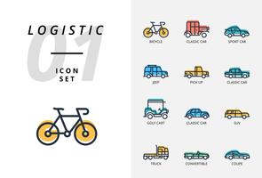 Icon pack per logistica, camion con pianale, prodotto di ricerca, consegna, aeroplano, peso, scooter, posizione, protetto, consegna, treno, nave, posizione del globo. vettore