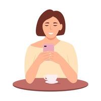 contento donna seduta con smartphone e caffè chat con gli amici. Internet comunicazione. sociale reti.isolate piatto illustrazione vettore