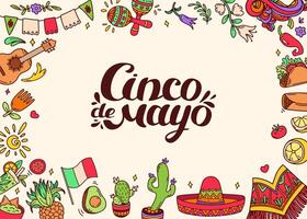 cinco de mayo celebrazione sfondo. orizzontale telaio con messicano cultura elementi. messicano cibo, festivo icone. taco avocado chili, Tequila, sombrero, palella, maracas. scarabocchio illustrazione. vettore