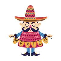 messicano uomo illustrazione. un' divertente tipo nel un' sombrero e poncho detiene un' Messico ghirlanda. persona con un' baffi, nel un' popolare costume. festeggiare cinco de maionese, carnevale, festa. cartone animato scarabocchio vettore