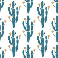 cactus senza soluzione di continuità modello. divertente spinoso Pera con verde stelo, colorato fiori, acuto spine. interno o deserto succulento. selvaggio messicano, americano pianta. mano disegnato cartone animato sfondo con opuntia vettore