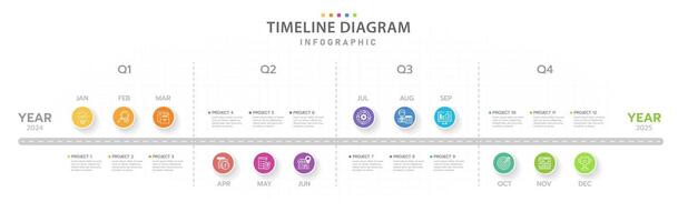 Infografica modello per attività commerciale. 12 mesi moderno sequenza temporale diagramma calendario, presentazione infografica. vettore