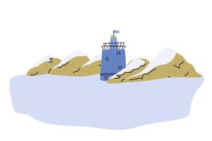carino blu faro su mare spiaggia rocce - paesaggio marino cartone animato illustrazione vettore