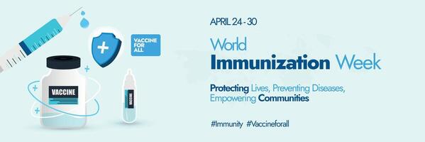 mondo immunizzazione settimana. mondo immunizzazione settimana 2024 consapevolezza copertina bandiera bandiera con carino icone di siringa, vaccino bottiglia, protezione scudo nel leggero ciano tema colore. vaccino per tutti consapevolezza. vettore