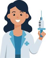 illustrazione di un' femmina medico Tenere un' siringa e sorridente vettore