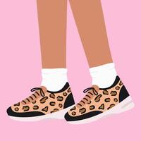 femmina gambe nel il scarpe da ginnastica con leopardo Stampa vettore