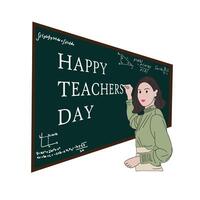 contento insegnanti' giorno. un' giovane femmina insegnante con un' lavagna nel casuale Abiti nel un' illustrazione. isolato sfondo. vettore