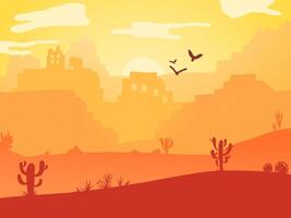 cartone animato deserto paesaggio con cactus, colline, d'oro sabbia dune e pietre, uccelli, sole e montagne sagome. Texas occidentale montagne e abbandonato rovine, natura orizzontale sfondo. vettore