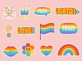 LGBTQ etichetta impostare. retrò Groovy orgoglio mese elemento nel arcobaleno colore collezione vettore