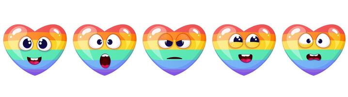 cartone animato arcobaleno cuore personaggio con diverso emozioni. LGBTQ Comunità elemento vettore