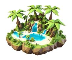 3d isometrico Basso poli di un' tropicale isola con il fiume, abbellito con minimalista basso poligono alberi. illustrazione è un' creativo kit di strumenti per progettazione nel un' distintivo stile vettore