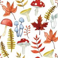 senza soluzione di continuità modello di carino autunno le foglie e funghi. acquerello disegno cartone animato vettore