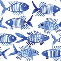 acquerello senza soluzione di continuità modello con pesce. figli di semplice disegno blu pesce su un' bianca sfondo. scarabocchio vettore