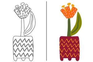 colorazione mano disegnato tulipano fiore nel un' vaso su un' bianca. bambini colorazione libro vettore