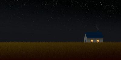 nazione Casa nel Grano campo a notte avere un' lotto di stella nel il cielo sfondo illustrazione. vettore