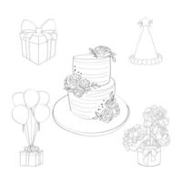 un' dettagliato disegno in mostra un' nozze torta ornato con intricato disegni e circondato di vario avvolto i regali vettore