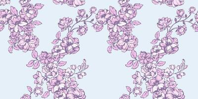 Bellissima, fioritura, delicatamente rosa steli floreale senza soluzione di continuità modello. astratto, stilizzato selvaggio fiori rami fantasia su un' pastello blu sfondo. mano disegnato. modello per disegno, stampa, tessuto vettore