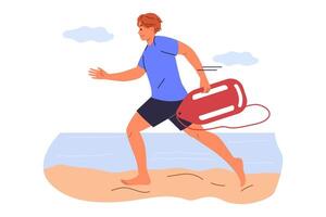uomo Bagnino corre lungo spiaggia per Salva vita di uomo nel bisogno di Aiuto è annegamento nel mare vettore