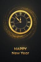 felice anno nuovo 2022. orologio dorato lucido con numeri romani e conto alla rovescia mezzanotte, vigilia per il nuovo anno su sfondo scintillante. sfondo scoppiando con luccichii. striscione festivo. illustrazione vettoriale.